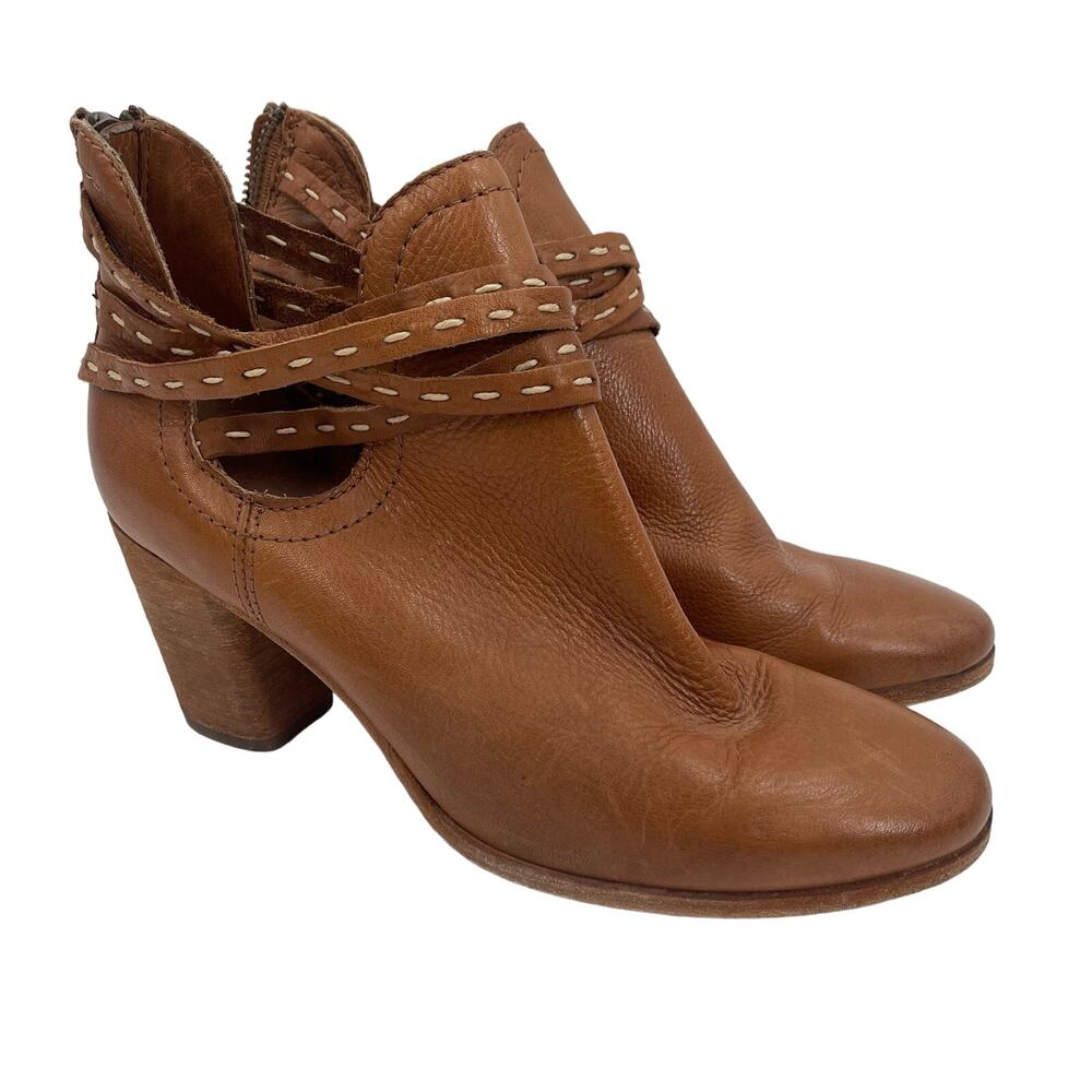 FRYE Boots Size 7.5 Naomi Pickstitch Brown Block Heeled Leather Bootie Zipper